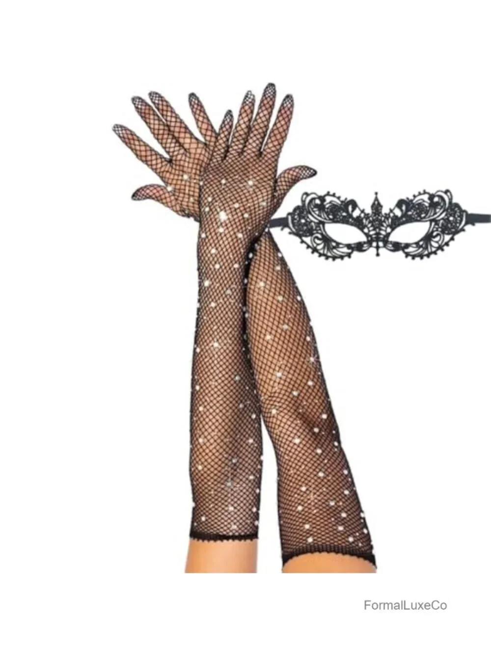 Rhinestone Long Fishnet Gloves Elbow Length Evening Party Mesh Rave Gloves